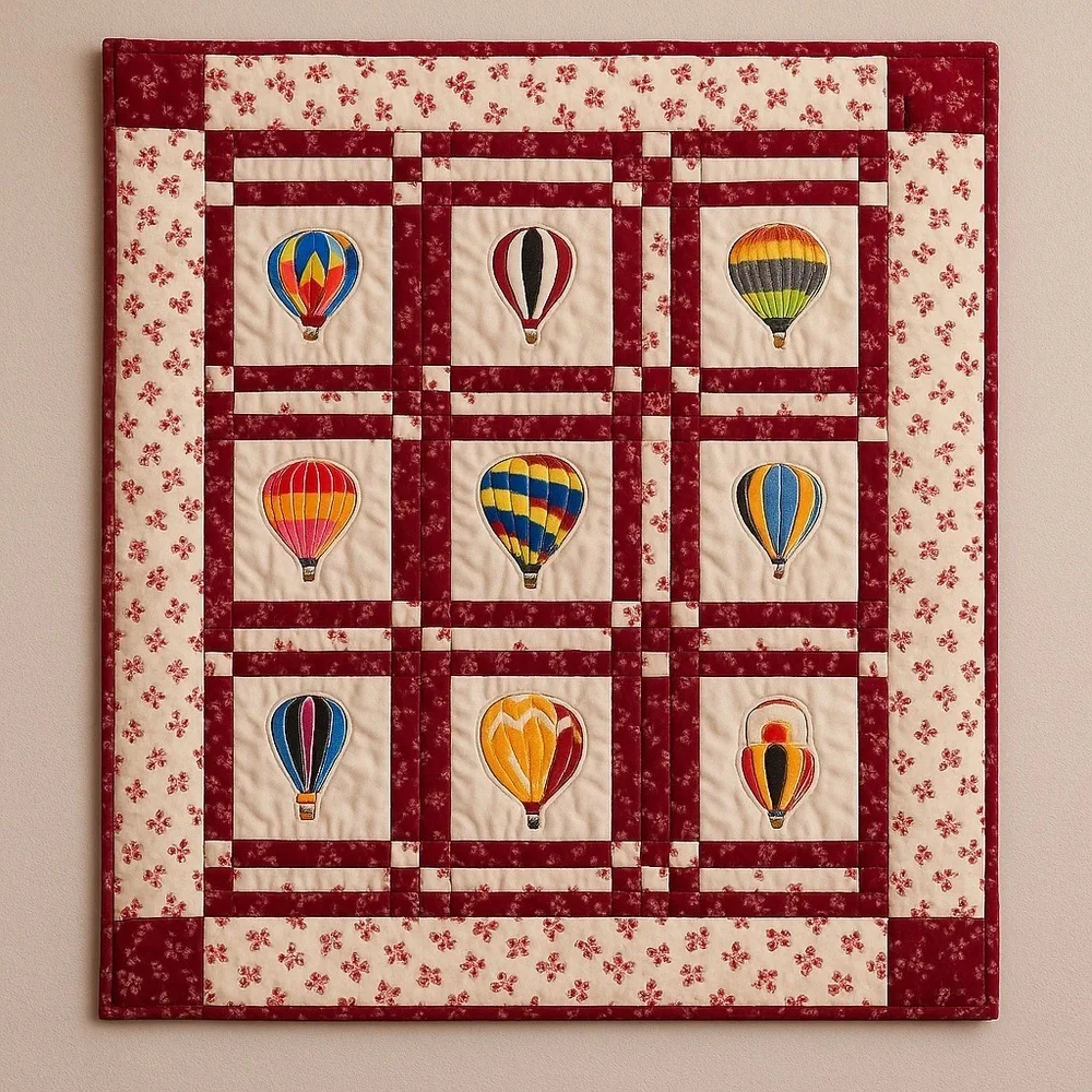 Bespoke Handmade Embroidered Hot Air Balloon Cotton Wall-Hanging Quilt.